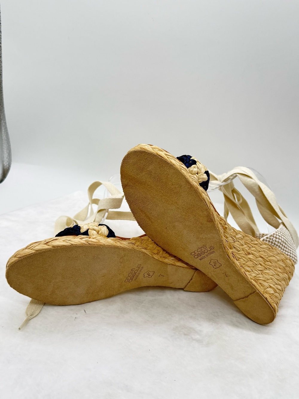New Braided Espadrille Platform Wedges with Ankle Tie - Cream & Navy - Picture 3 of 7